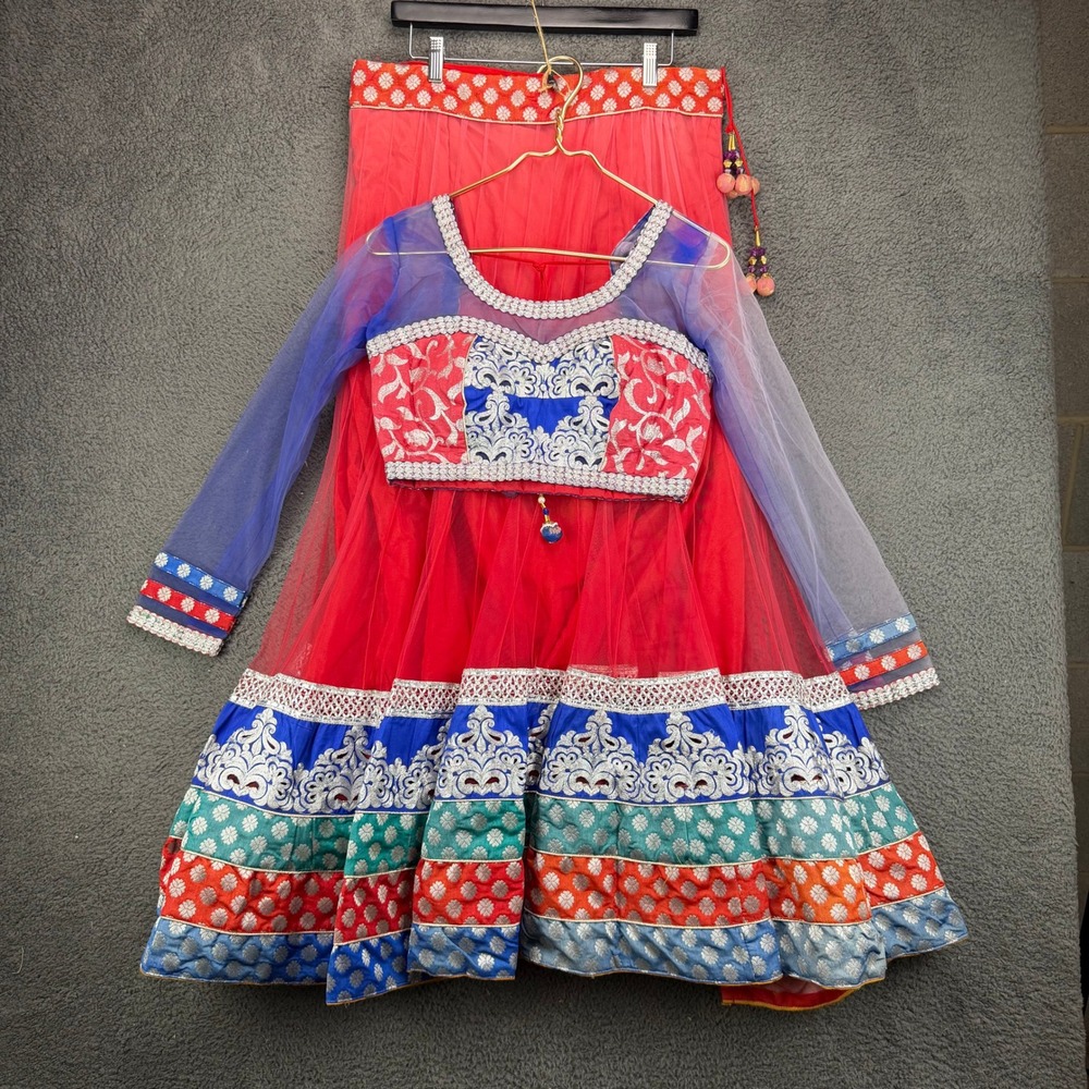 Vibrant Red & Blue Embroidered Lehanga Choli Set Sheer Sleeves Size 14